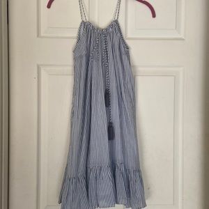 Sezane blue and white striped dress with adjustable spaghetti straps.